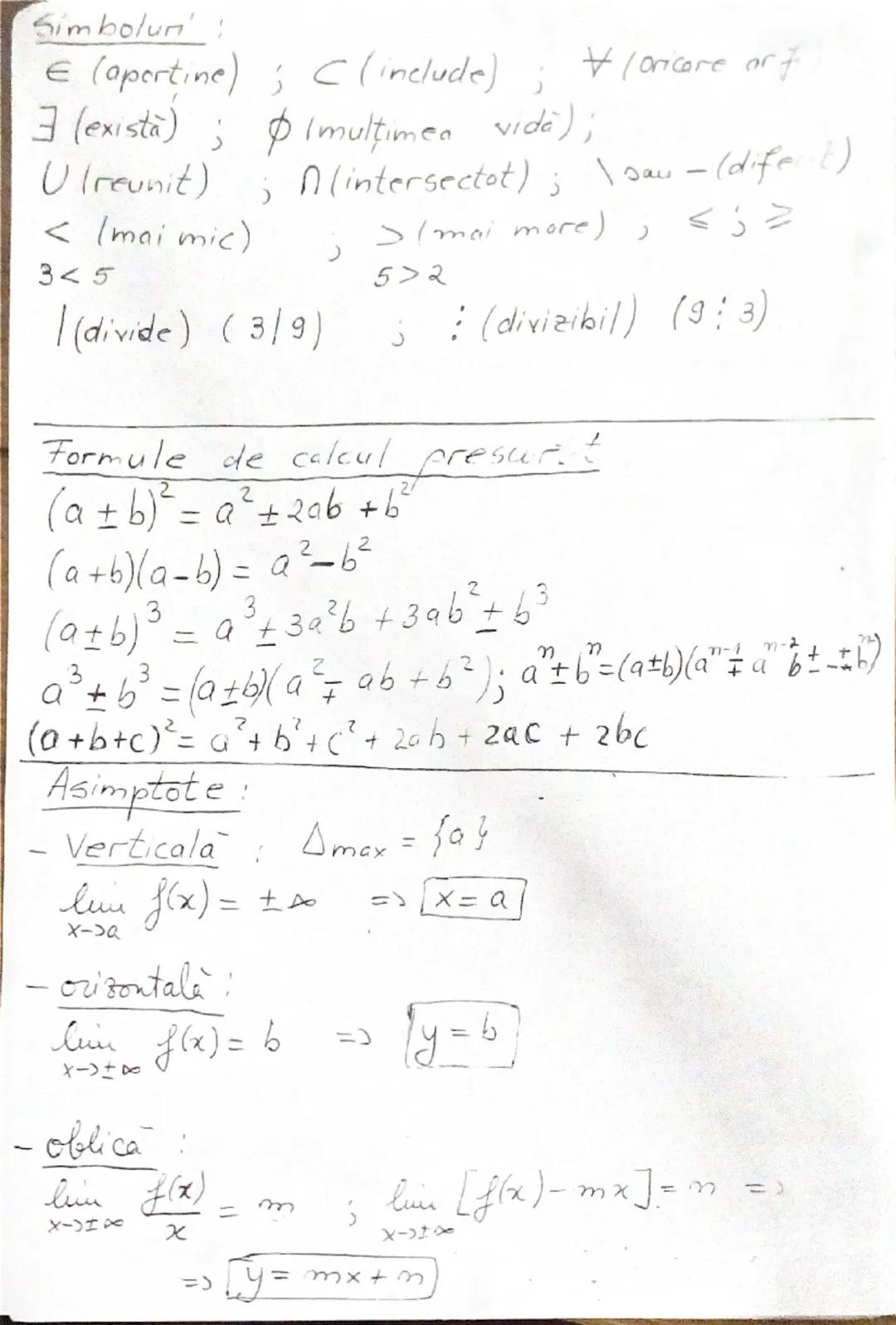 Derivate

c' = 0
x' = 1
$(x^n)' = nx^{n-1}$
$(\sqrt{x})' = \frac{1}{2\sqrt{x}}$
$(sin x)'= coox$
$(cos x)' = -sinx$
$(tg x)'= \frac{1}{cos^2
