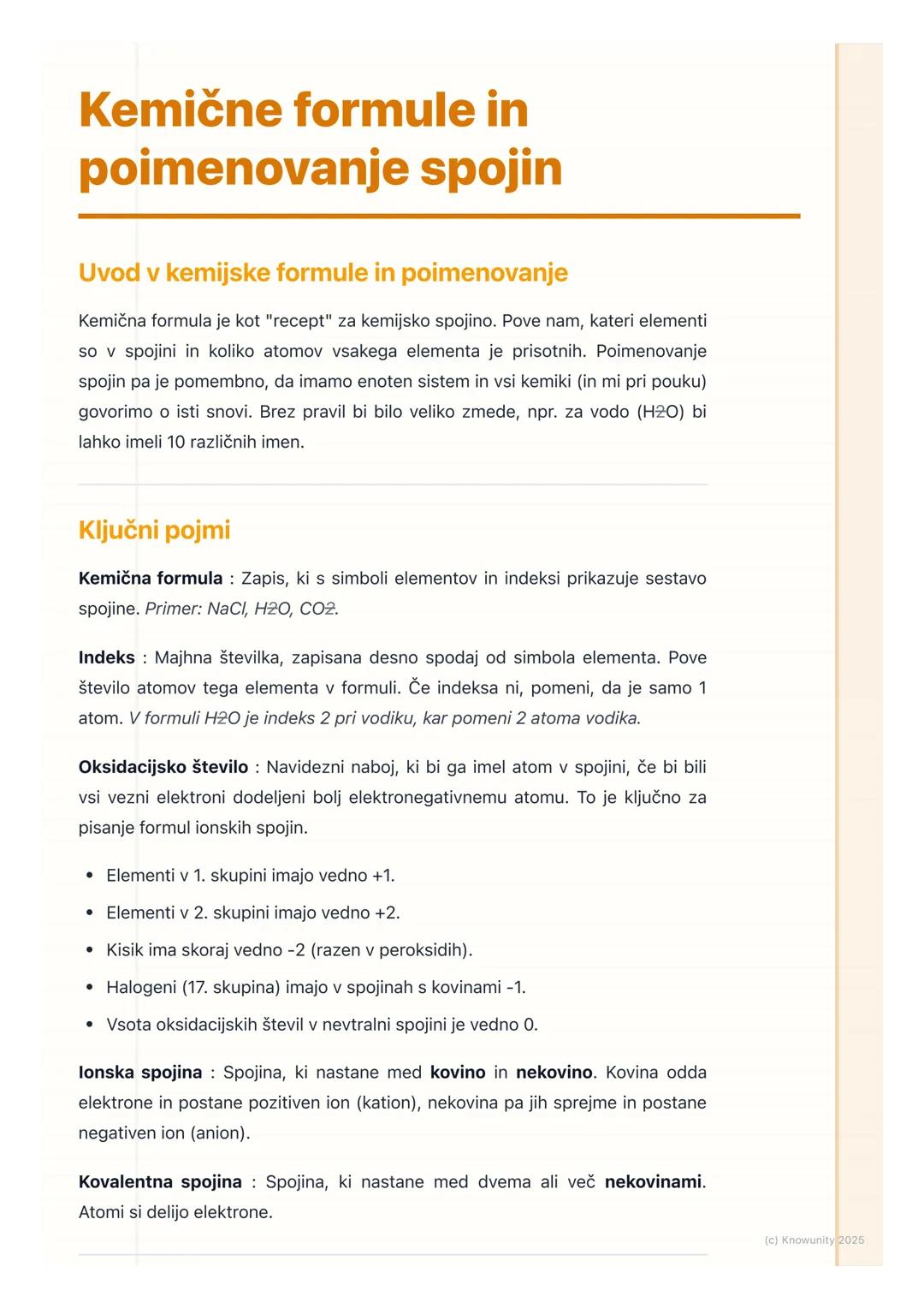 # Kemične formule in
poimenovanje spojin

Uvod v kemijske formule in poimenovanje

Kemična formula je kot "recept" za kemijsko spojino. Pove