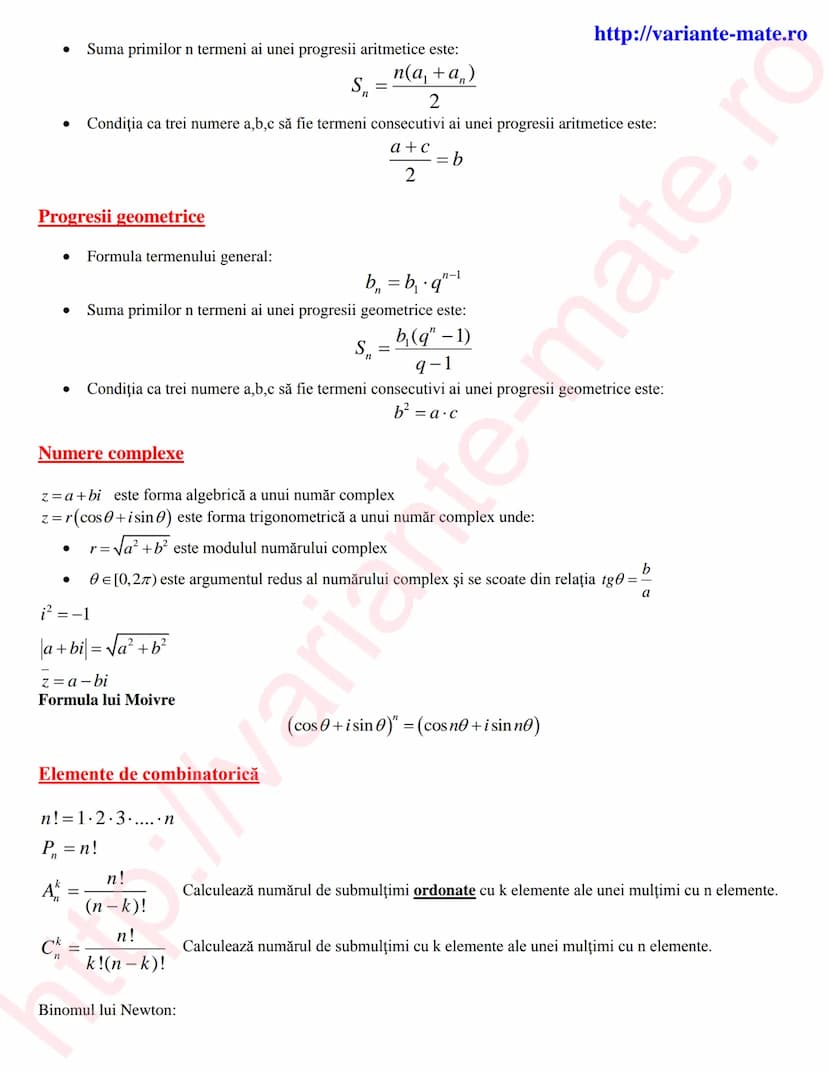 --- OCR Start ---
Ecuaţia de gradul doi
http://variante-mate.ro
Formule de algebră
•
Ecuația $ax^{2}+bx+c=0$ 0.Se calculează $\Delta=b^{2}-4