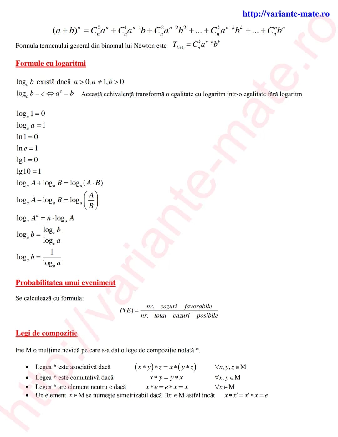 --- OCR Start ---
Ecuaţia de gradul doi
http://variante-mate.ro
Formule de algebră
•
Ecuația $ax^{2}+bx+c=0$ 0.Se calculează $\Delta=b^{2}-4