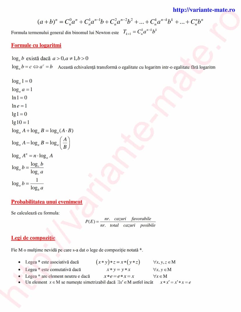 --- OCR Start ---
Ecuaţia de gradul doi
http://variante-mate.ro
Formule de algebră
•
Ecuația $ax^{2}+bx+c=0$ 0.Se calculează $\Delta=b^{2}-4