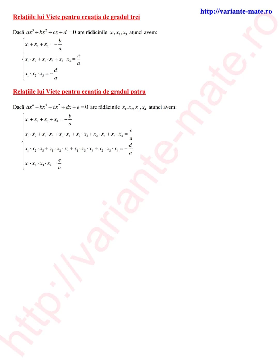 --- OCR Start ---
Ecuaţia de gradul doi
http://variante-mate.ro
Formule de algebră
•
Ecuația $ax^{2}+bx+c=0$ 0.Se calculează $\Delta=b^{2}-4
