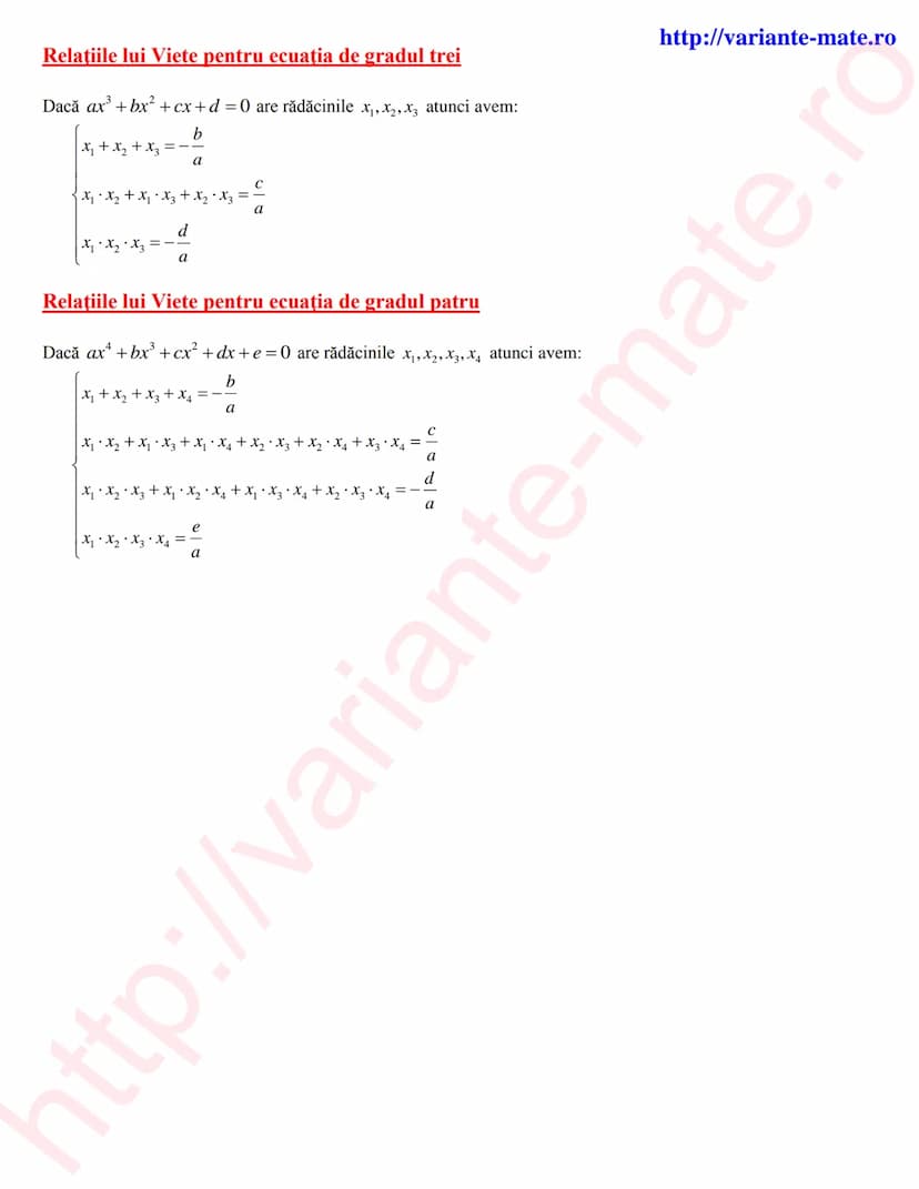 --- OCR Start ---
Ecuaţia de gradul doi
http://variante-mate.ro
Formule de algebră
•
Ecuația $ax^{2}+bx+c=0$ 0.Se calculează $\Delta=b^{2}-4