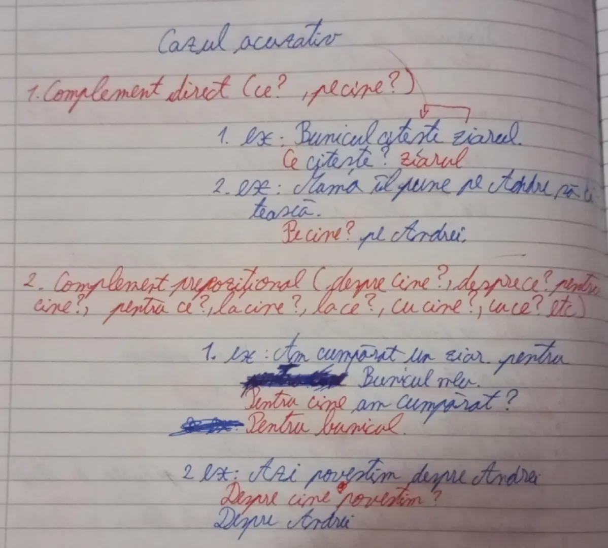 Cazul acurativ

1. Complement direct (ce?, pecine?)

1. ex: Bunicul citeste ziarul.
Ce citeste? ziarul
2. ex: Mama il pune pe Andrei po-i
te