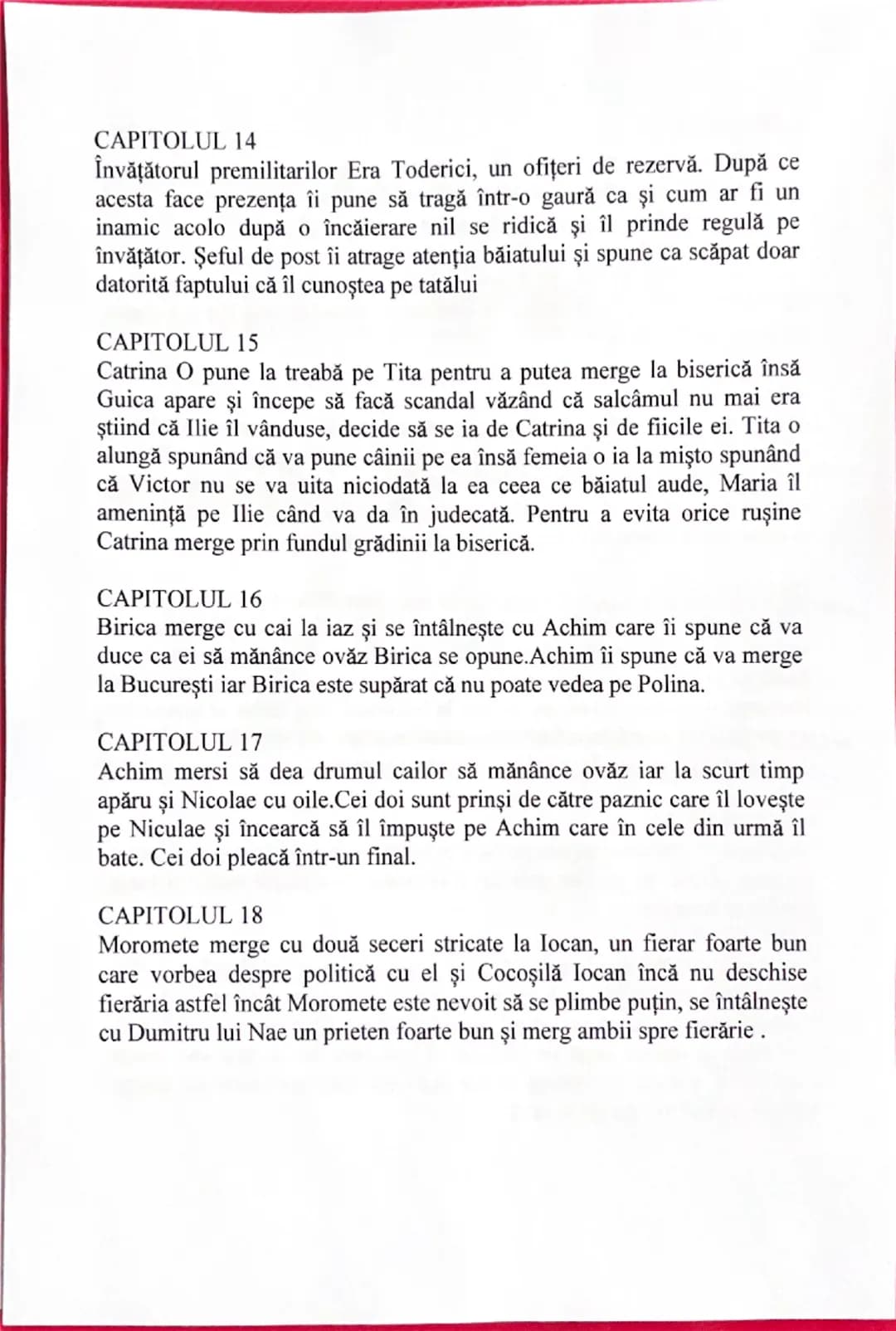 # PARTEA 1

# CAPITOLUL 1
Familia Moromete ajunge acasa de la camp si sunt prezentati membrii
familiei, Paraschiv, Nila, Achim si cele 2 fet