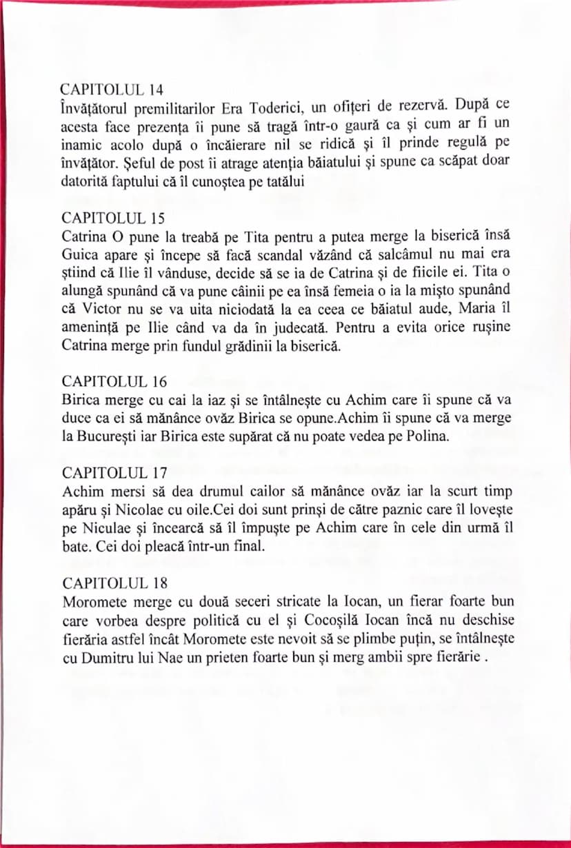 # PARTEA 1

# CAPITOLUL 1
Familia Moromete ajunge acasa de la camp si sunt prezentati membrii
familiei, Paraschiv, Nila, Achim si cele 2 fet