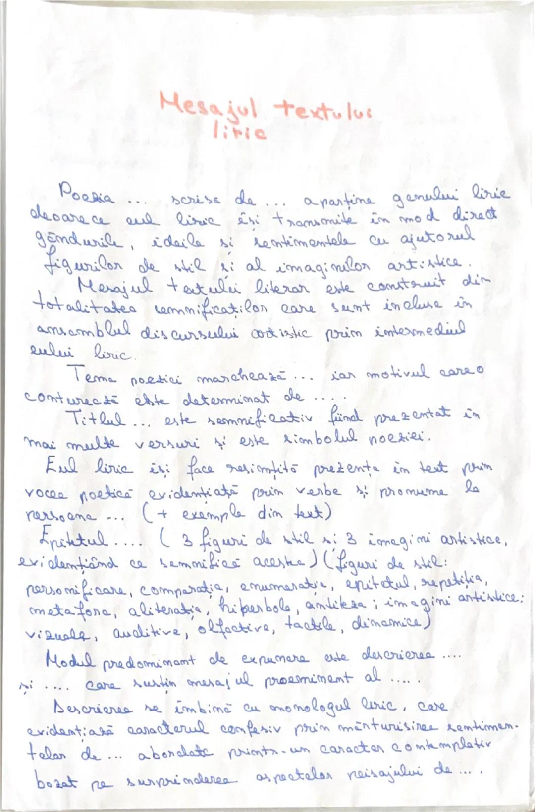 Mesajul textului
liric
Poezia... scrise de... aparține genului liric
deoarece eul liric își transmite în mod direct
gândurile, ideile și sen