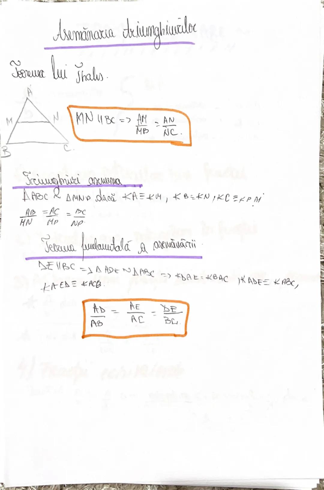 # Asemănarea triunghiurilor
Teorema lui Thales.

$MN \parallel BC \implies \frac{AM}{MB} = \frac{AN}{NC}$

# Triunghiuri asemenea
$\triangle