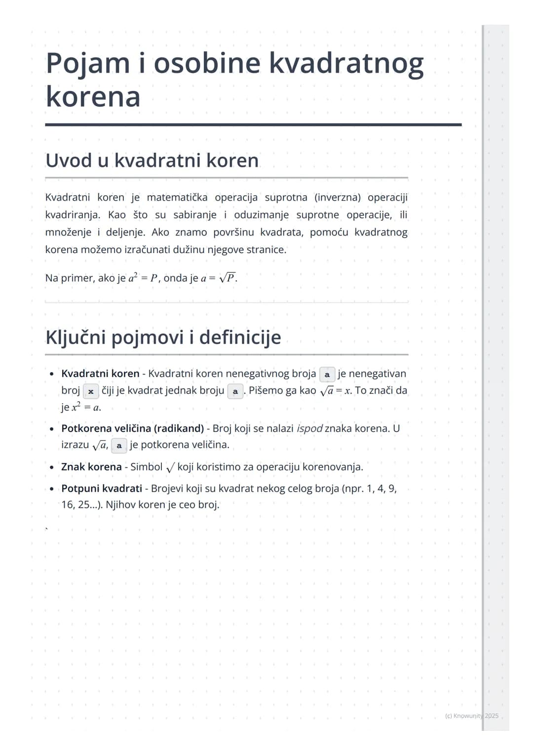 # Pojam i osobine kvadratnog
korena

Uvod u kvadratni koren

Kvadratni koren je matematička operacija suprotna (inverzna) operaciji
kvadrira