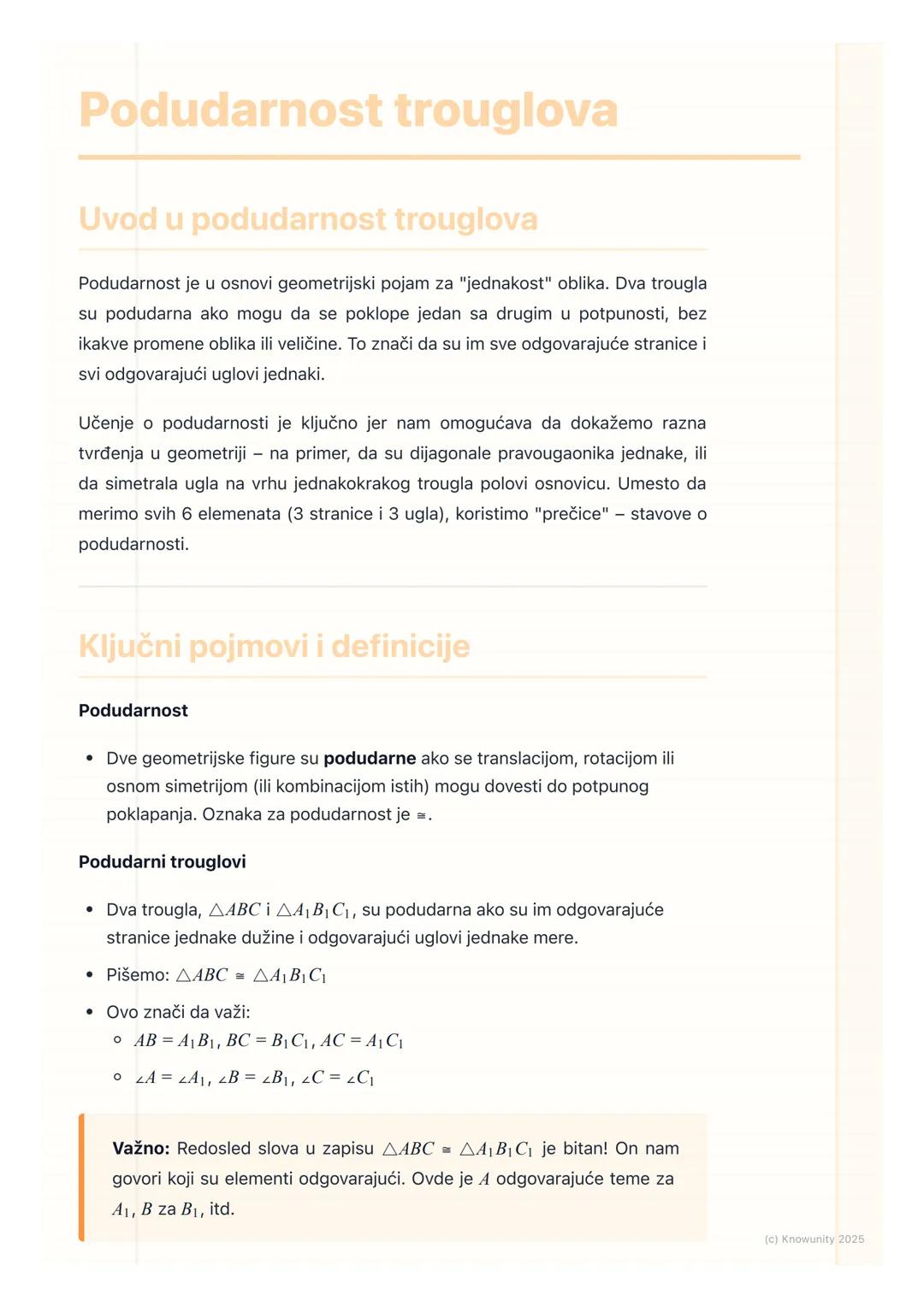 # Podudarnost trouglova

Uvod u podudarnost trouglova

Podudarnost je u osnovi geometrijski pojam za "jednakost" oblika. Dva trougla
su podu