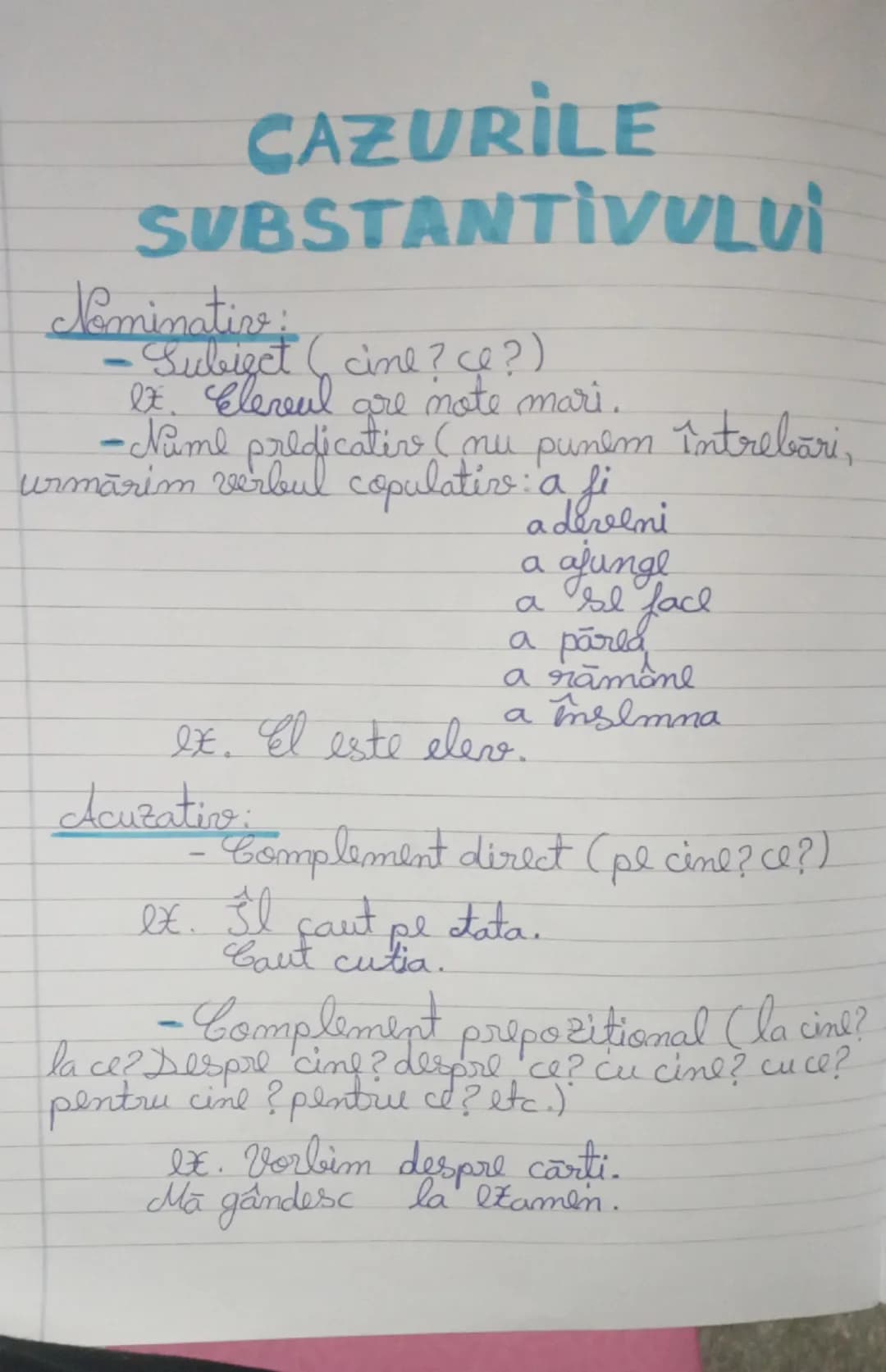 --- OCR Start ---
CAZURILE
SUBSTANTIVULUI
Nominativ:
- Subiect (cine? ce?)
Ex. Elevul are note mari.
- Nume predicativ (nu punem întrebări,
