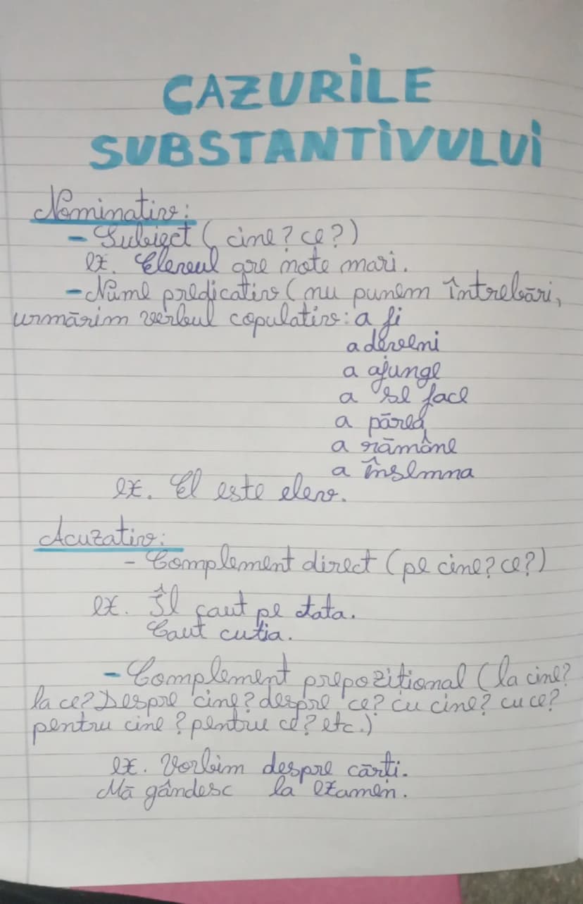 --- OCR Start ---
CAZURILE
SUBSTANTIVULUI
Nominativ:
- Subiect (cine? ce?)
Ex. Elevul are note mari.
- Nume predicativ (nu punem întrebări,
