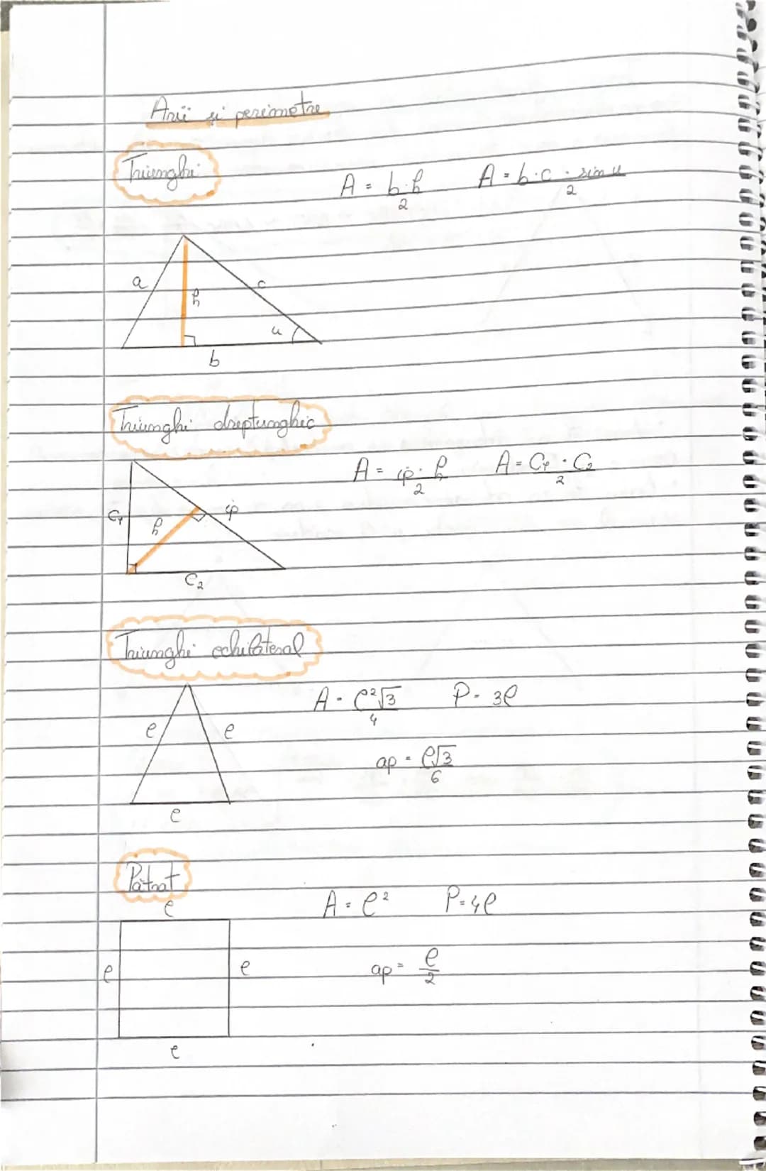 # Arii e perimetre

## Triunghi

$A = \frac{b \cdot h}{2}$  $A = \frac{b \cdot c \cdot sin u}{2}$

## Triunghi dreptunghic

$A = \frac{c_1 \