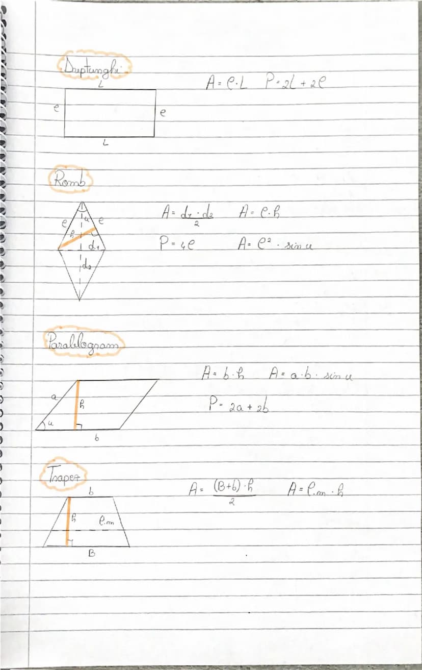 # Arii e perimetre

## Triunghi

$A = \frac{b \cdot h}{2}$  $A = \frac{b \cdot c \cdot sin u}{2}$

## Triunghi dreptunghic

$A = \frac{c_1 \