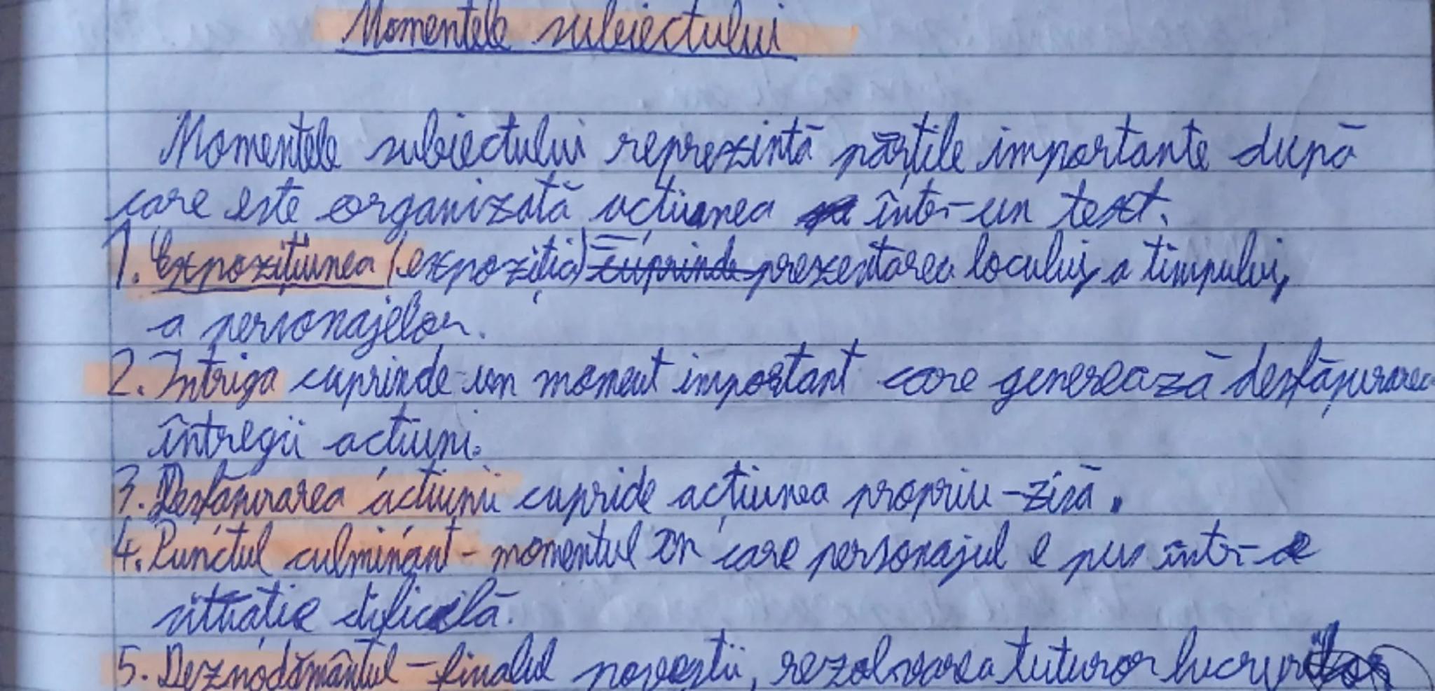 Momentele subiectului
Momentele subiectului reprezintă părțile importante după
care este organizată acțiunea sa într-un text.
1. Expozițiune