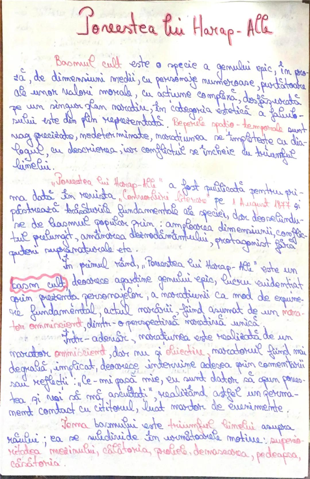 --- OCR Start ---
C
Poreestea lui Harap-Alle
0
Basmul cult este o specie a genului epic, în
preo-
za, de dimensiuni medii, cu personaje nume