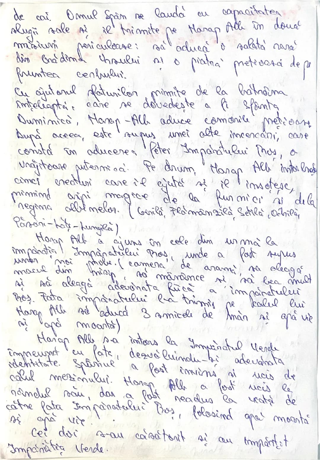 --- OCR Start ---
Rezumat
Povestea lui Harap Alb
Imparatul verde avea doua fiice si nu avea un
mostenitor pentru tronul său. El decide să îi