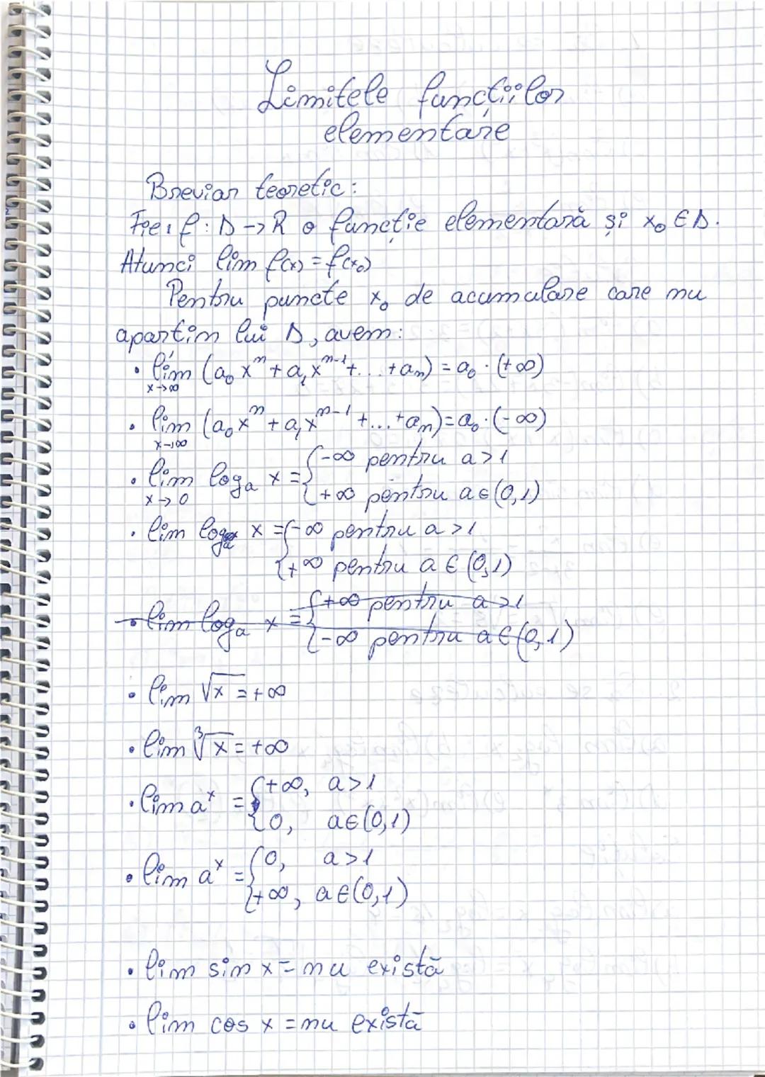 # Limitele funcțiilor elementare

Breviar teoretic:
Fie $f: D \to \mathbb{R}$ o funcție elementară și $x_0 \in D$.
Atunci $\lim_{x \to x_0} 