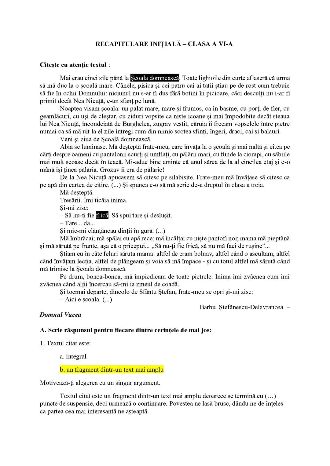 Exerciții Recapitulare Inițială Clasa a 6-a