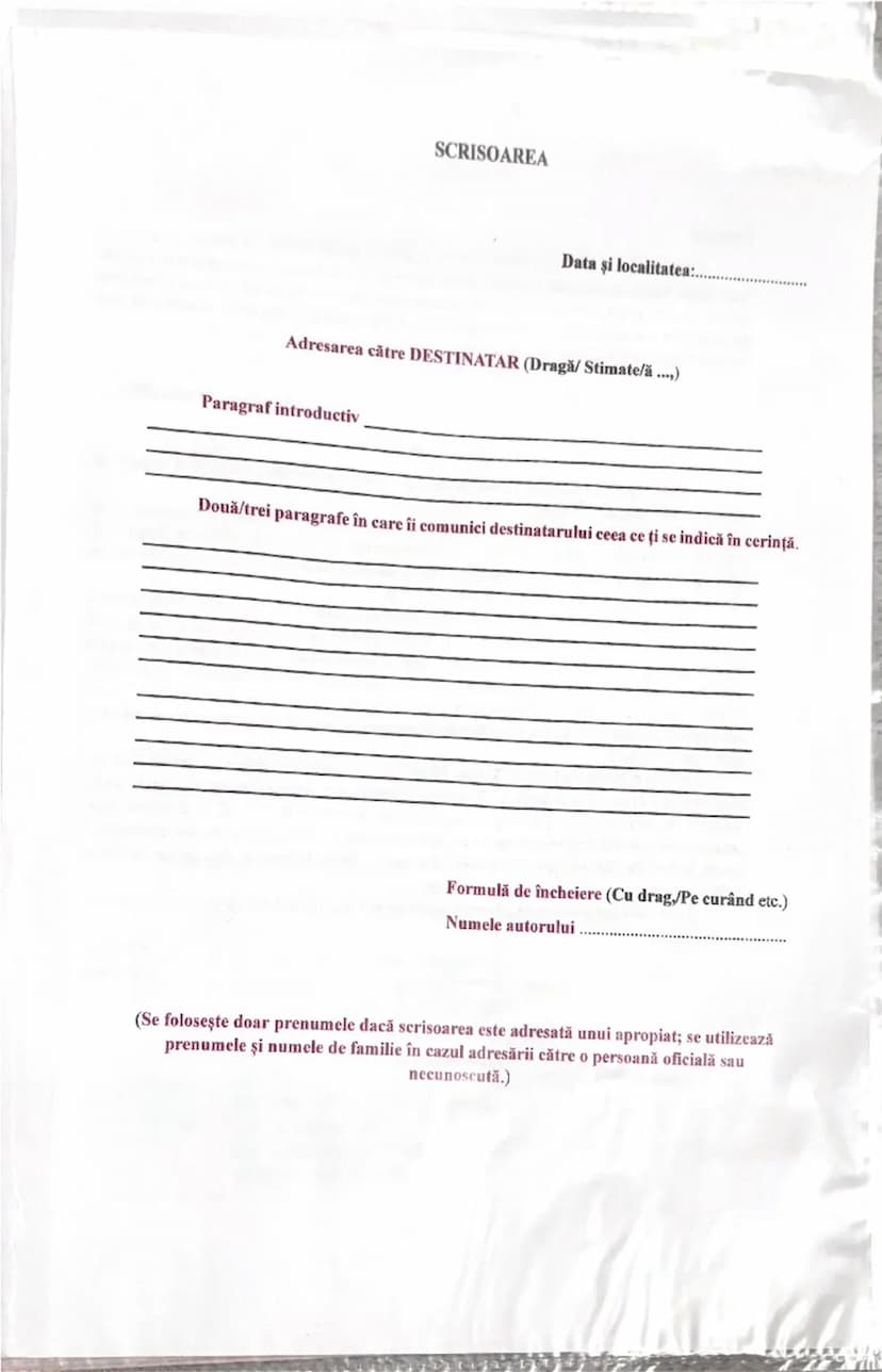 --- OCR Start ---
SCRISOAREA
Data și localitatea:..
Adresarea către DESTINATAR (Dragă/ Stimate/ă....)
Paragraf introductiv
Două/trei paragra