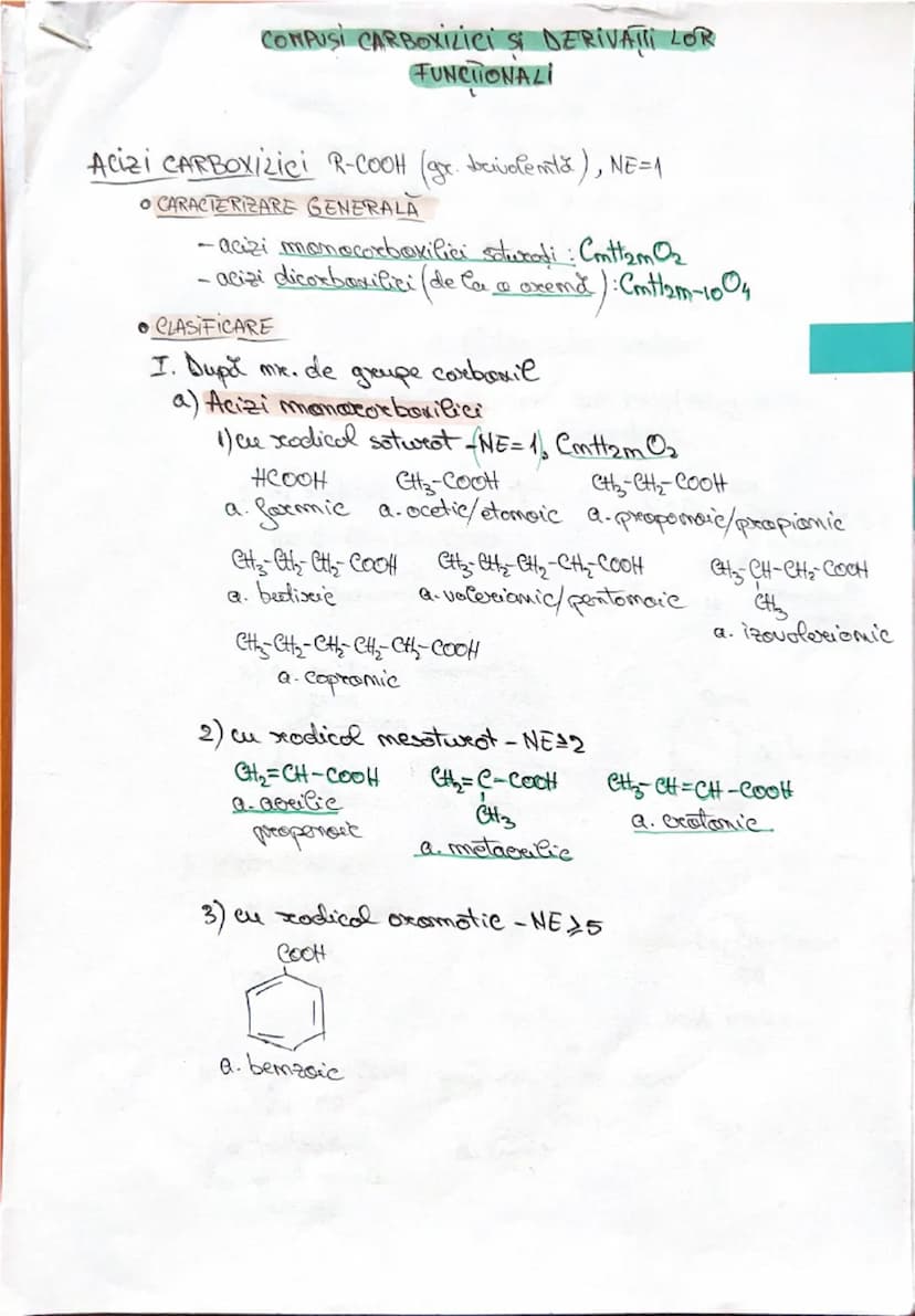 # COMPUȘI CARBOXILICI ȘI DERIVAȚII LOR
# FUNCȚIONALI

# ACIZI CARBOXILICI R-COOH (gr. ac. derivată), NE=1

* CARACTERIZARE GENERALĂ
- acizi 