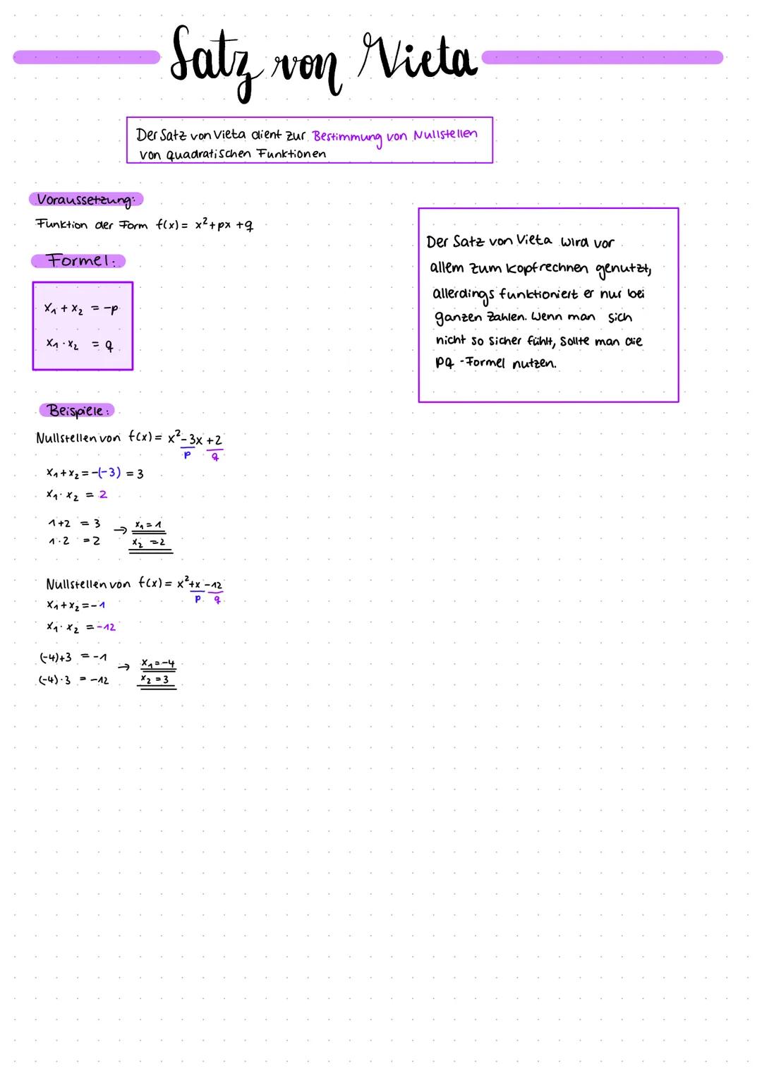 # Satz von Vieta

Der Satz von Vieta dient zur Bestimmung von Nullstellen
von quadratischen Funktionen

Voraussetzung:
Funktion der Form f(x
