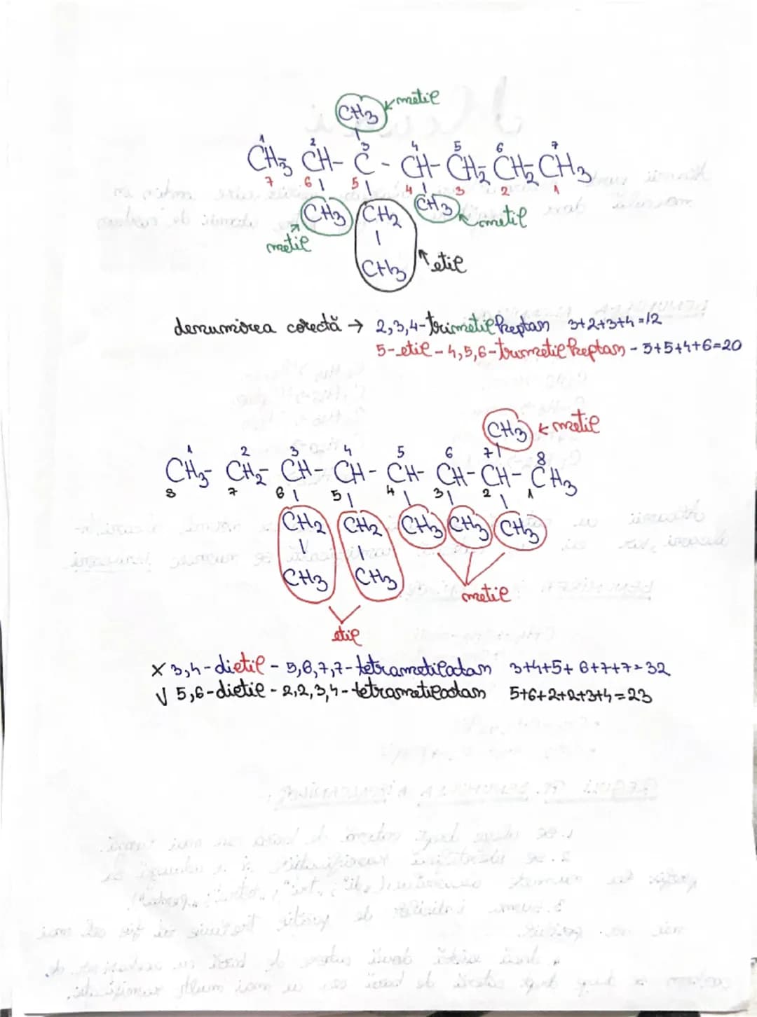 CH3
Kmetil
CH₃ CH-C-CH-CH₂CH₂CH₃
1
3
2
5
6
7
CH3 CH CH3
metil
metil
1
CH3 etil
denumirea corectă→ 2,3,4-trimetilkeptan 3+2+3+4=12
5-etil-4,5