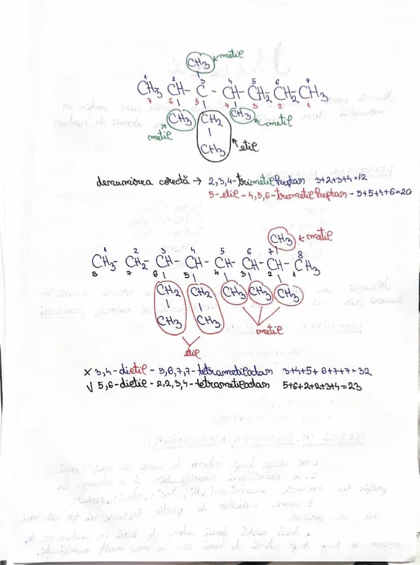 CH3
Kmetil
CH₃ CH-C-CH-CH₂CH₂CH₃
1
3
2
5
6
7
CH3 CH CH3
metil
metil
1
CH3 etil
denumirea corectă→ 2,3,4-trimetilkeptan 3+2+3+4=12
5-etil-4,5