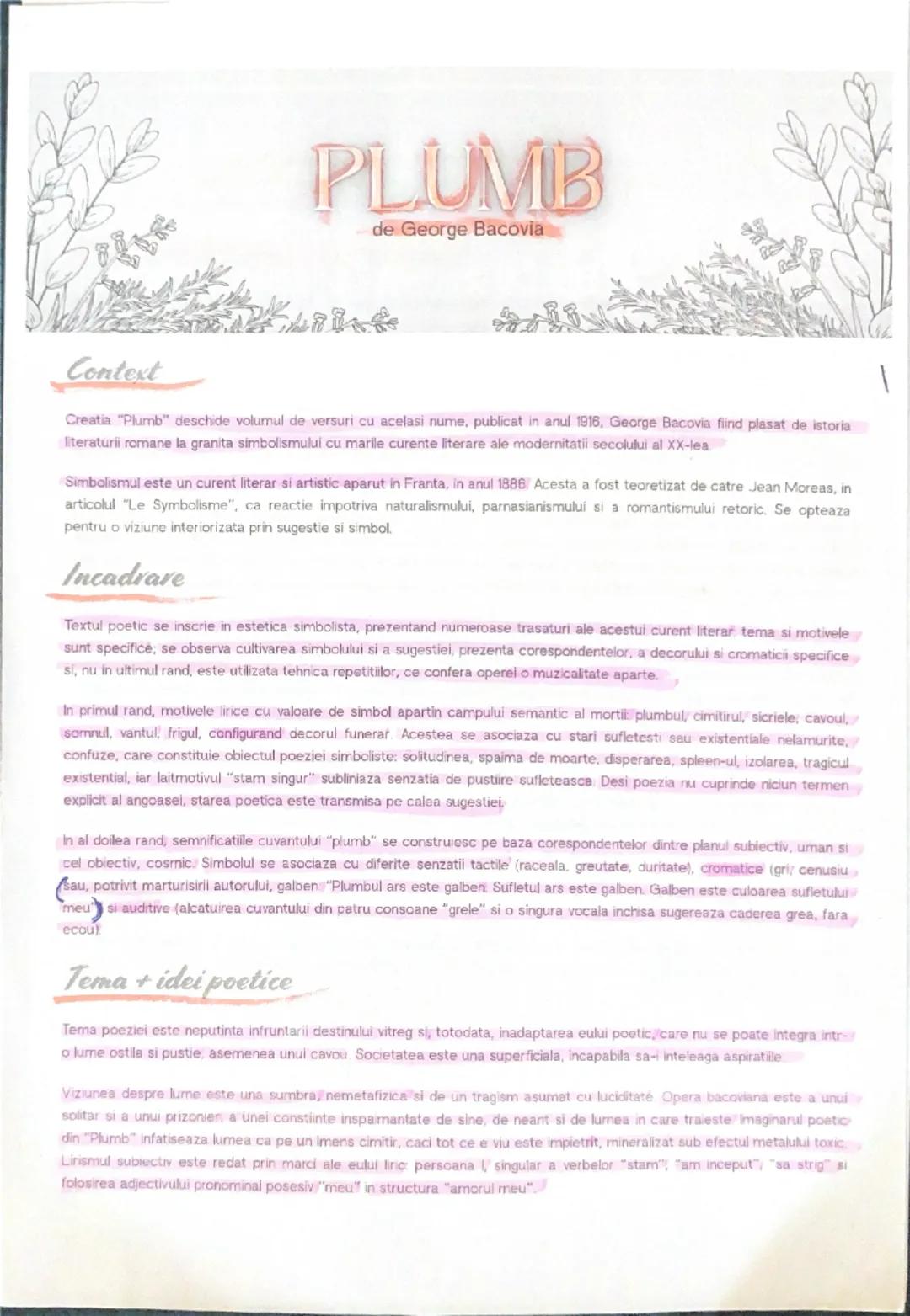 # PLUMB
de George Bacovia

Context
Creatia "Plumb" deschide volumul de versuri cu acelasi nume, publicat in anul 1916, George Bacovia fiind 