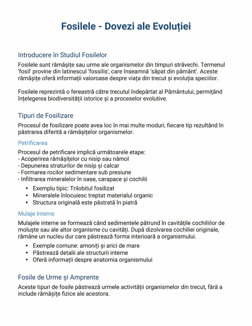 --- OCR Start ---
Fosilele - Dovezi ale Evoluţiei
Introducere în Studiul Fosilelor
Fosilele sunt rămășițe sau urme ale organismelor din timp