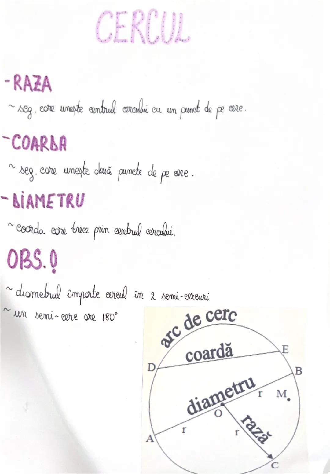 CERCUL

-RAZA
~ seg. core uneste centrul cercului cu un punct de pe cere.
-COARDA
~
seg. core uneşte două punete de pe core.
-BIAMETRU
~cord