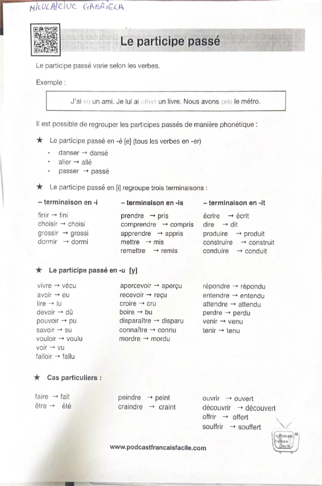 --- OCR Start ---
MICULAICIUC GABRIELA
Le participe passé
Le participe passé varie selon les verbes.
Exemple:
J'ai vu un ami. Je lui ai offe