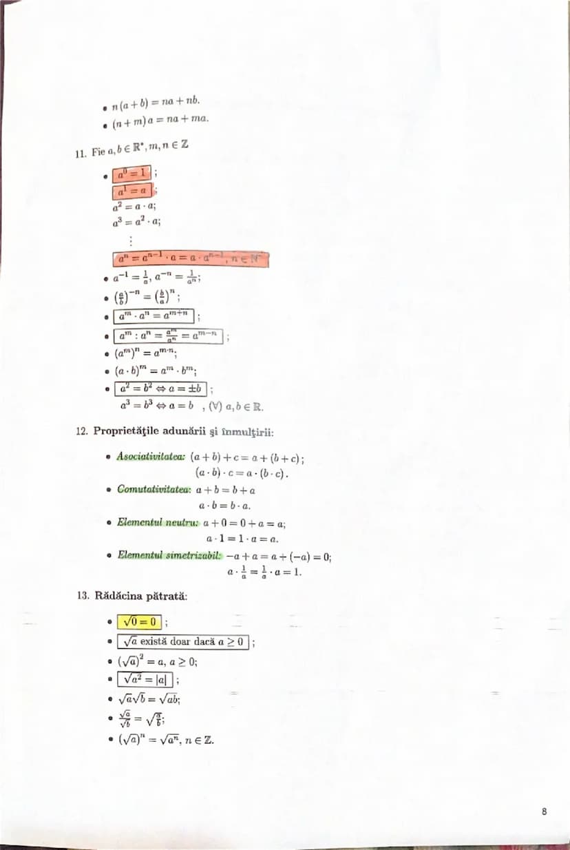 ⚫n(a+b)=na+nb.
(n+m)a=na+ma.
11. Fie $a, b\in\mathbb{R}^{*}, m, n\in Z$
$a^{0}=1$
$a^{1}=a$
$a^{2}=a\cdot a_{i}$
$a^{3}=a^{2}\cdot a_{i}$
:
