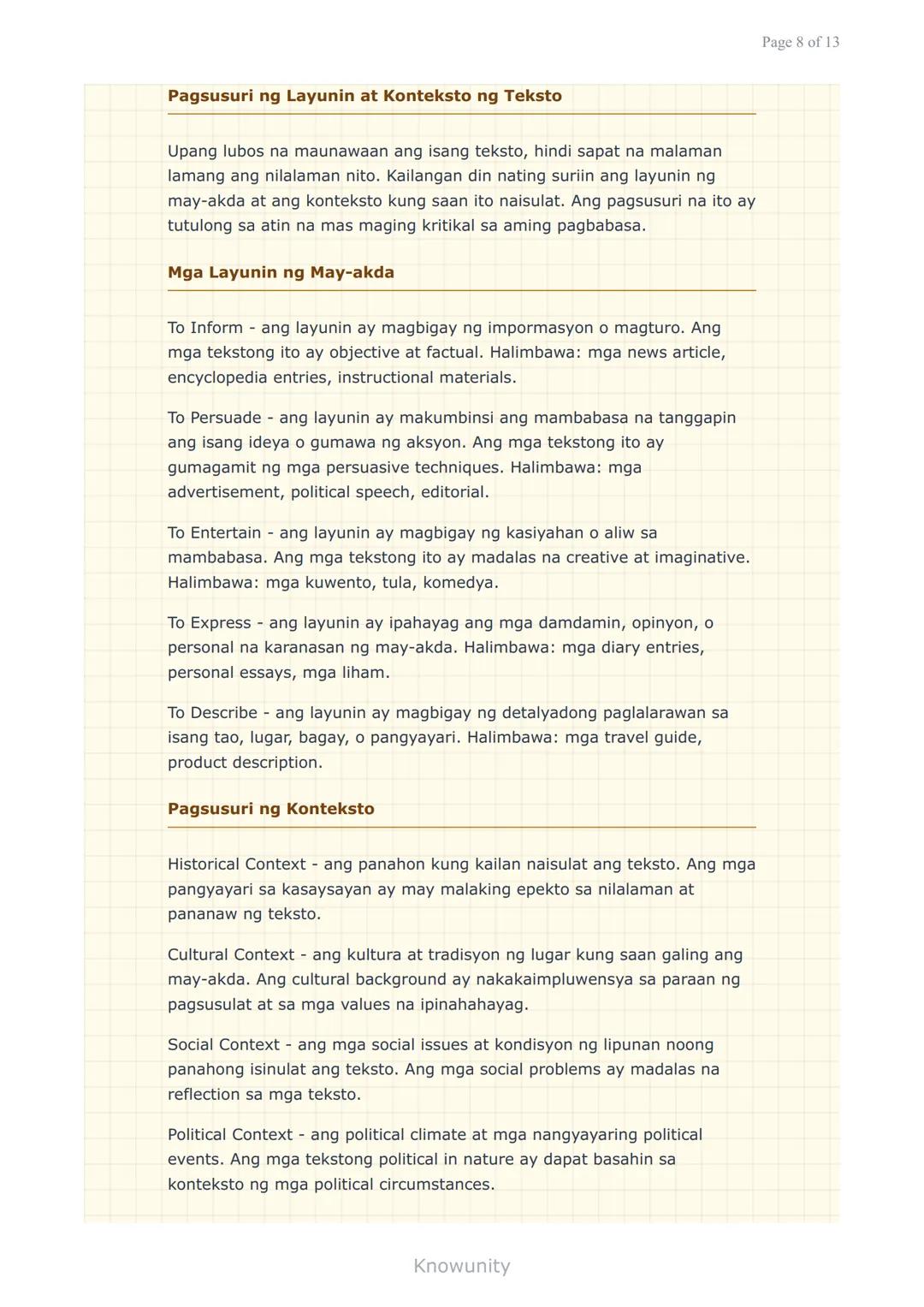 --- OCR Start ---
Pag-unawa at Pagsusuri ng Iba't Ibang Teksto
Pagkilala ng mahahalagang impormasyon at detalye
sa iba't ibang uri ng teksto