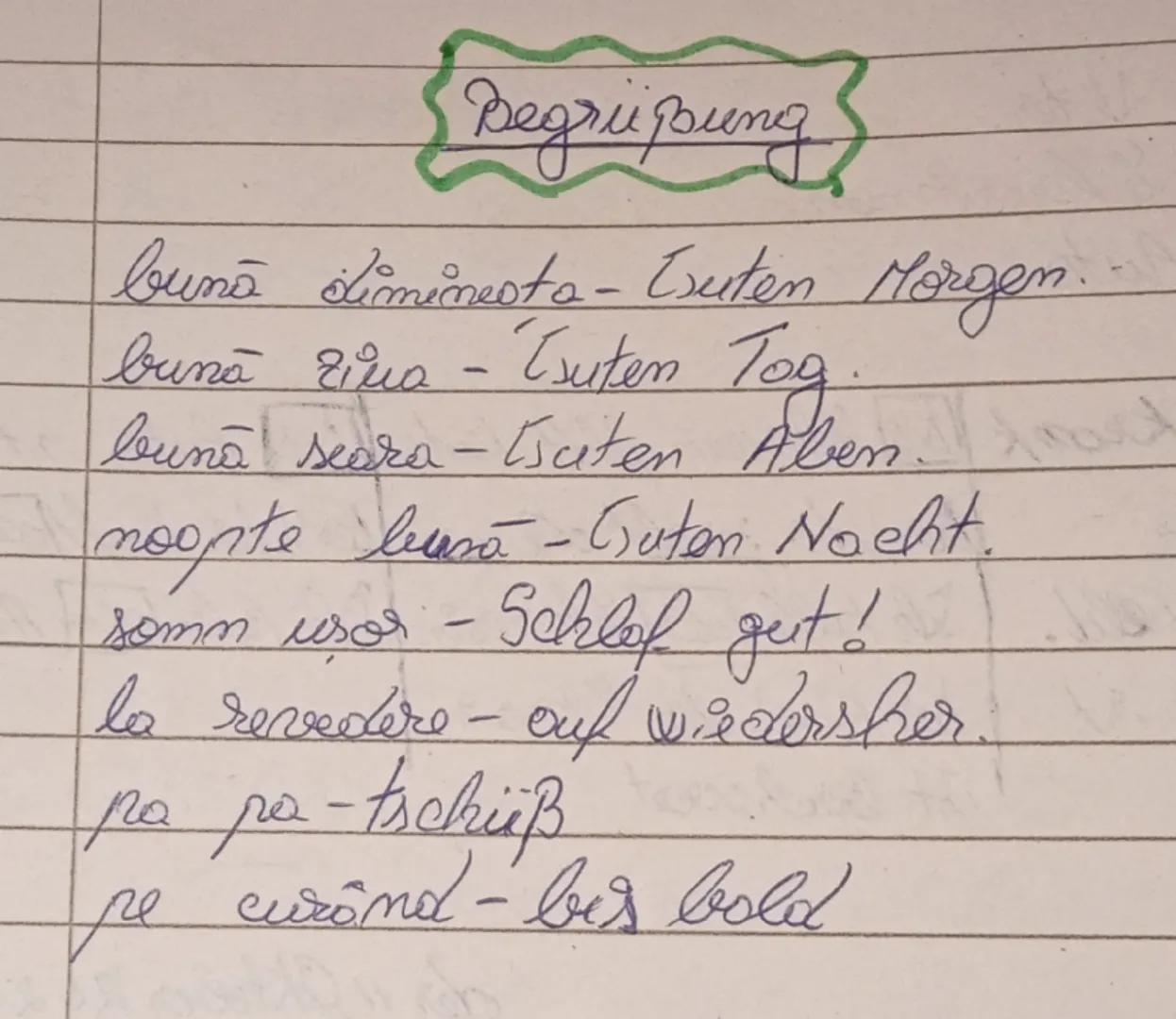 --- OCR Start ---
Begripung
bună dimineata - Tsuten Morgen.
bună ziua - Tsuten Tog
bună seara - Tsuten Aben.
noapte bună - Guten Nacht.
somn