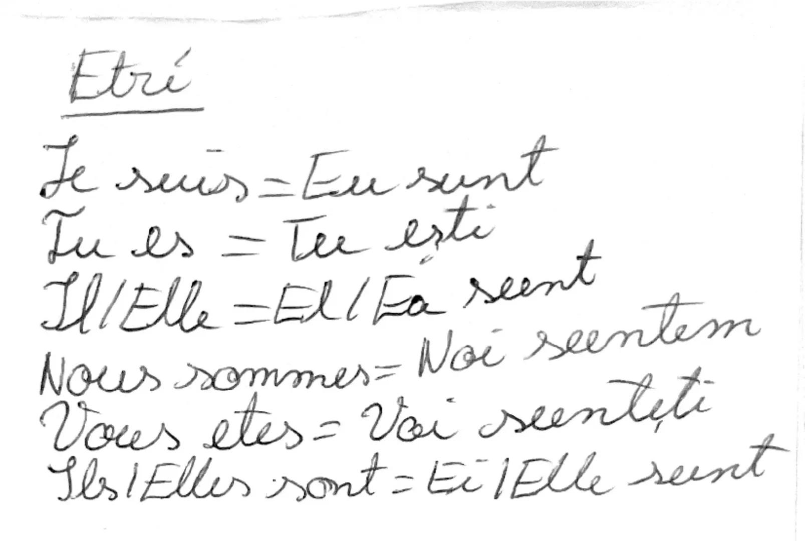 Etrí

Je suis = Eu sunt
Tu es = Tee esti
Il/Elle = El / Fa seent
Nous sommes = Noi seentem
Vous etes = Vai seenteti
Ses / Elles sont = Ei El