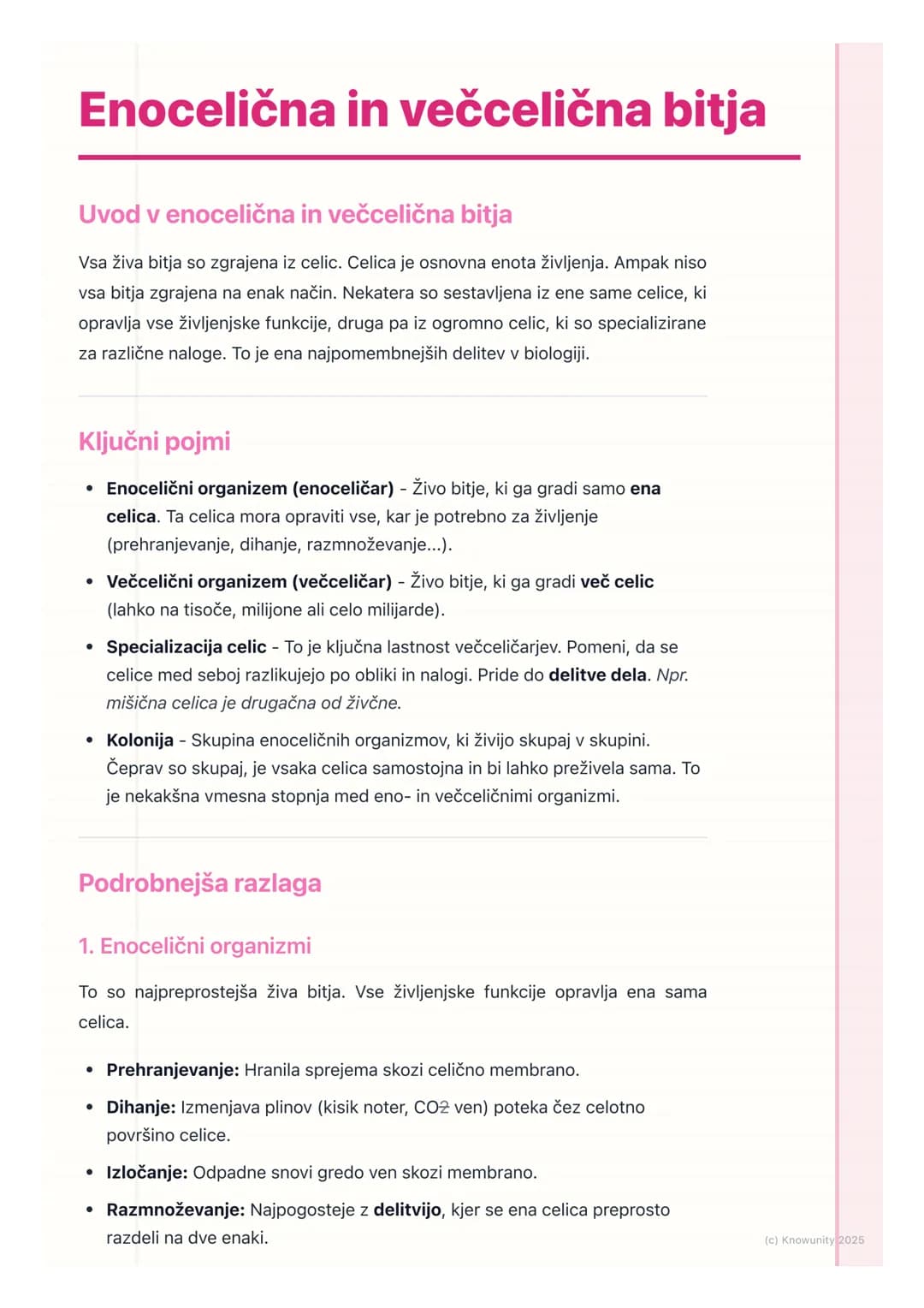 # Enocelična in večcelična bitja

Uvod v enocelična in večcelična bitja

Vsa živa bitja so zgrajena iz celic. Celica je osnovna enota življe