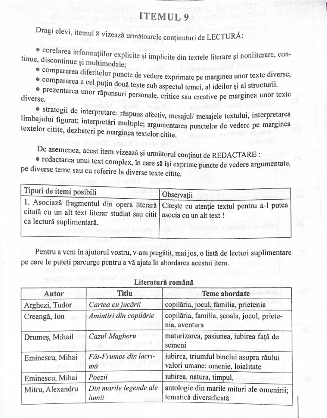 # SUGESTII DE ASOCIERI CU TEXTE STUDIATE/DIN
# LECTURA SUPLIMENTARĂ PENTRU SUBIECTUL I A. 9
| NUMĂRUL | ASPECTELE TEMATICE | TEXTE CU CARE |