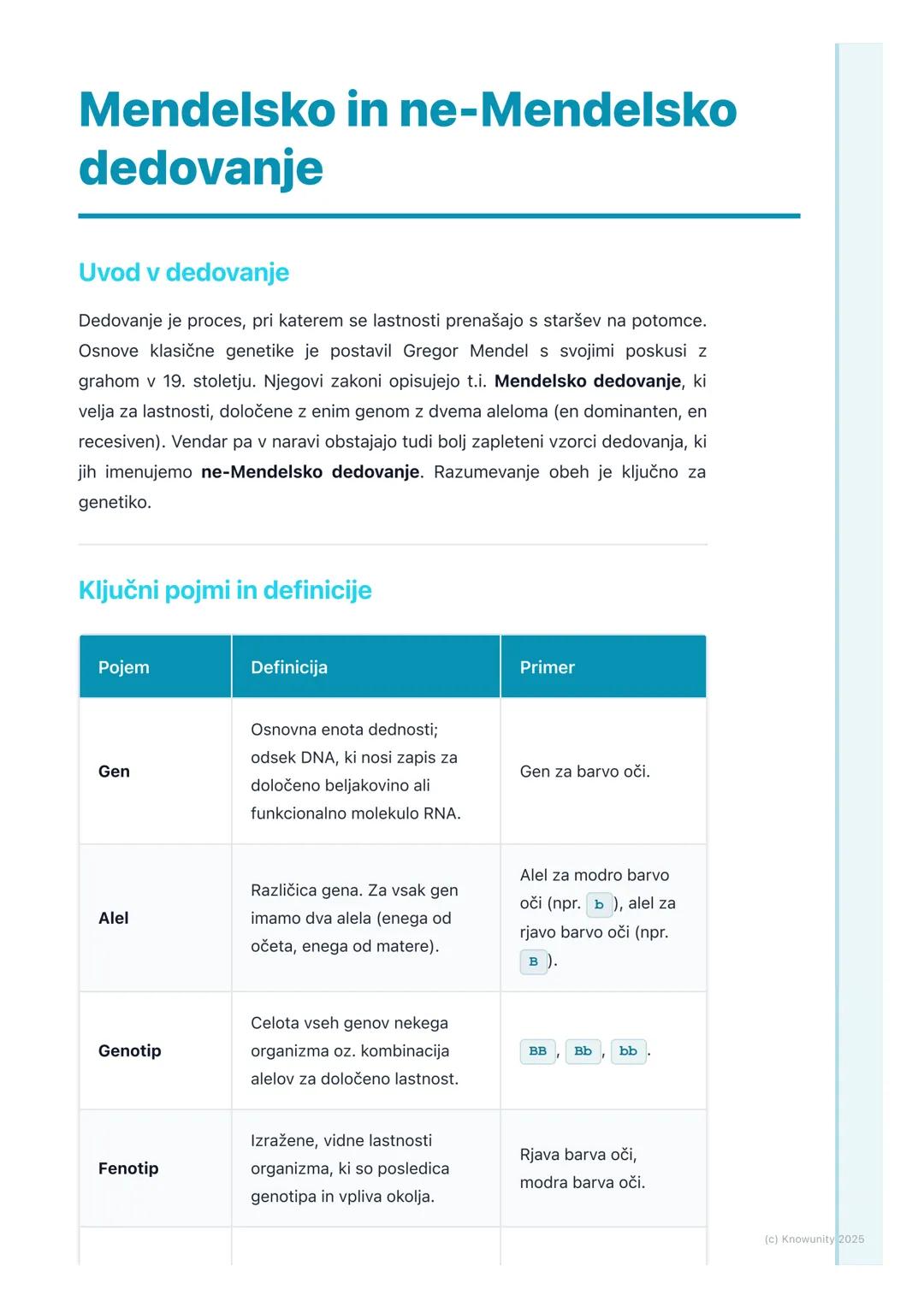 # Mendelsko in ne-Mendelsko
dedovanje

Uvod v dedovanje

Dedovanje je proces, pri katerem se lastnosti prenašajo s staršev na potomce.
Osnov