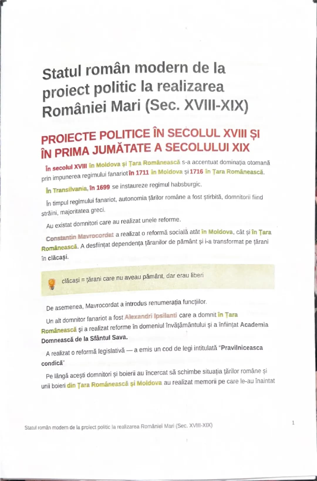 # Statul român modern de la
proiect politic la realizarea
României Mari (Sec. XVIII-XIX)

# PROIECTE POLITICE ÎN SECOLUL XVIII ŞI
ÎN PRIMA J