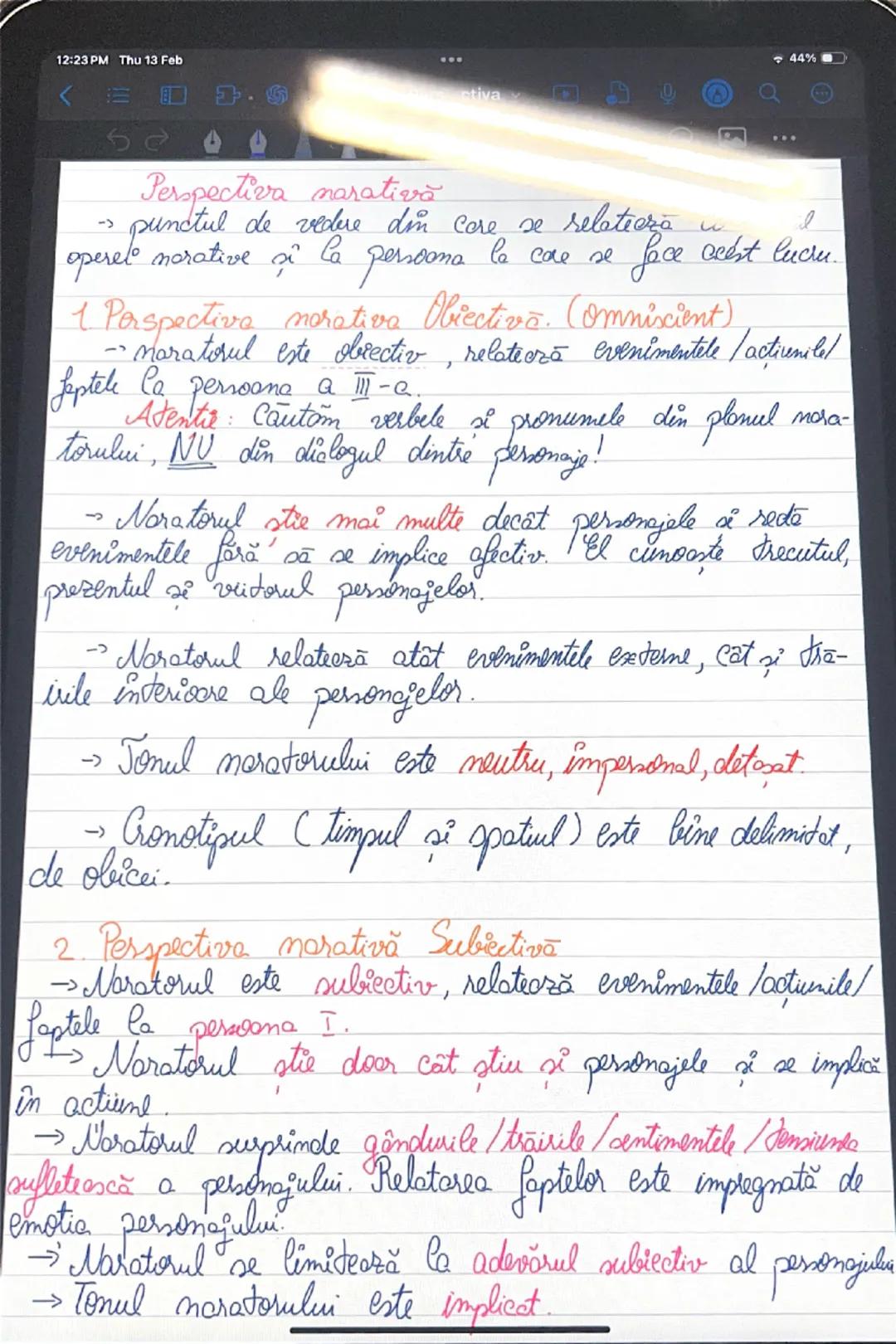 --- OCR Start ---
12:23 PM Thu 13 Feb
<
44%
Perspectiva narativă
→ punctul de vedere din care se relatieră continutul
operel marative si la 