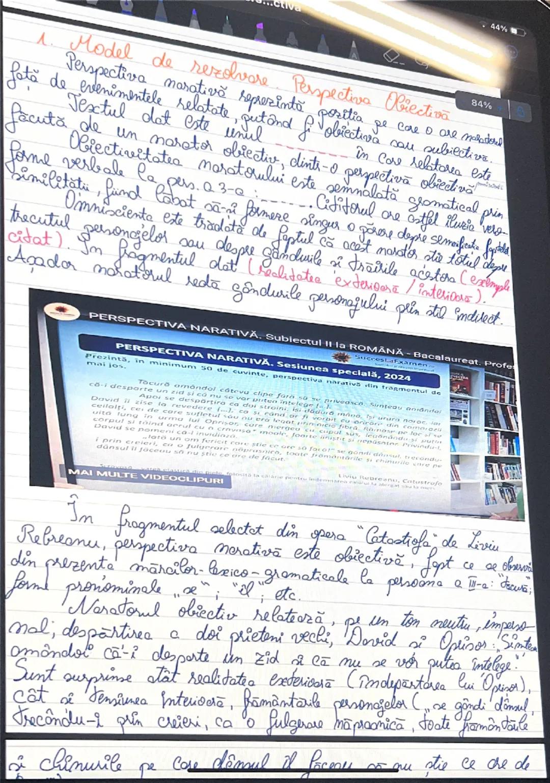 --- OCR Start ---
12:23 PM Thu 13 Feb
<
44%
Perspectiva narativă
→ punctul de vedere din care se relatieră continutul
operel marative si la 