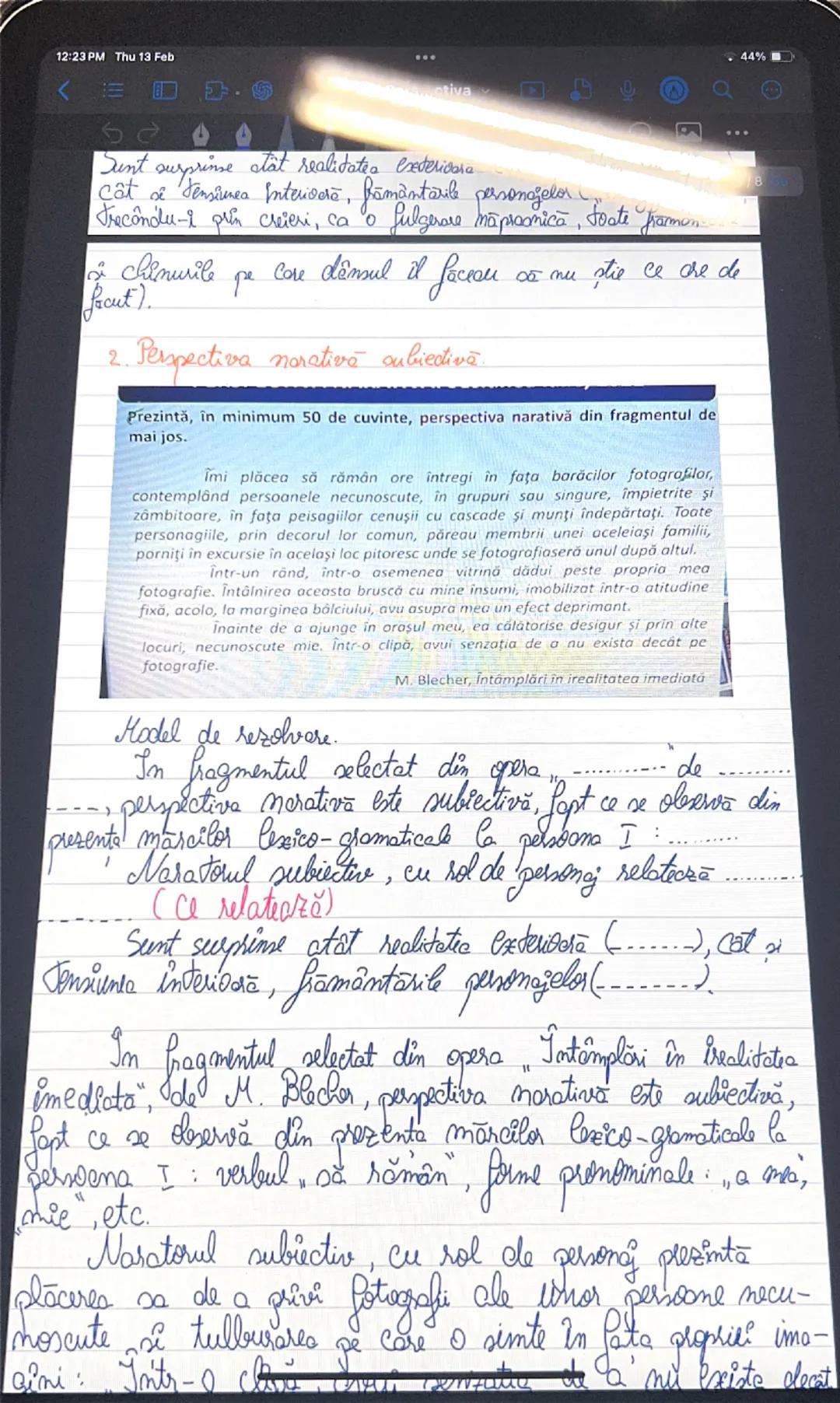 --- OCR Start ---
12:23 PM Thu 13 Feb
<
44%
Perspectiva narativă
→ punctul de vedere din care se relatieră continutul
operel marative si la 