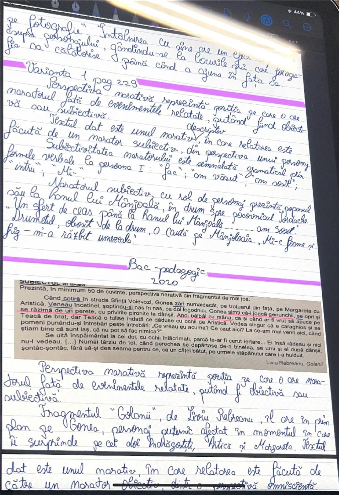 --- OCR Start ---
12:23 PM Thu 13 Feb
<
44%
Perspectiva narativă
→ punctul de vedere din care se relatieră continutul
operel marative si la 
