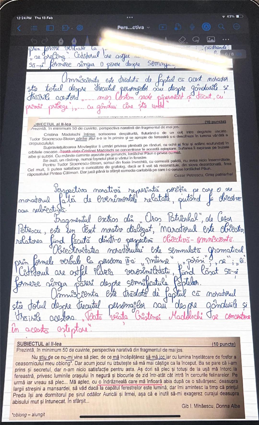 --- OCR Start ---
12:23 PM Thu 13 Feb
<
44%
Perspectiva narativă
→ punctul de vedere din care se relatieră continutul
operel marative si la 