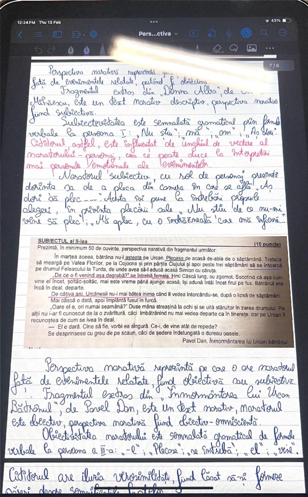 --- OCR Start ---
12:23 PM Thu 13 Feb
<
44%
Perspectiva narativă
→ punctul de vedere din care se relatieră continutul
operel marative si la 