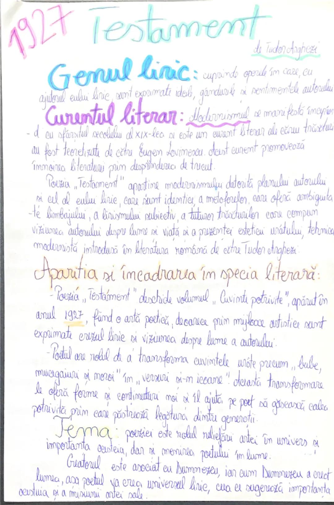 1927 Testament
de Tudon Arghezi
Genul liric: cuprinde opere în care, cu
ajutorul eului liric, sunt exprimate ideile, gândurile și sentimente
