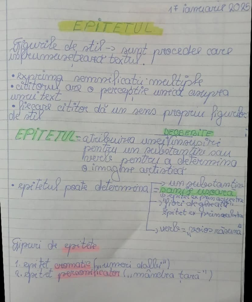 # EPITETUL
17 ianuarie 2025
Figurile de stil → sunt procedee care
îmbogăţesc textul.
• exprimă semnificaţii multiple
• cititorul are o perce