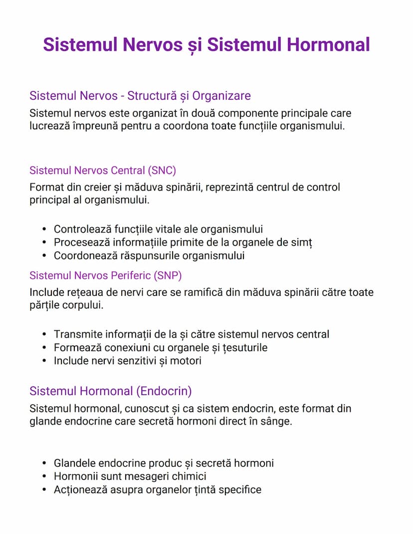 # Sistemul Nervos și Sistemul Hormonal

Sistemul Nervos - Structură și Organizare
Sistemul nervos este organizat în două componente principa