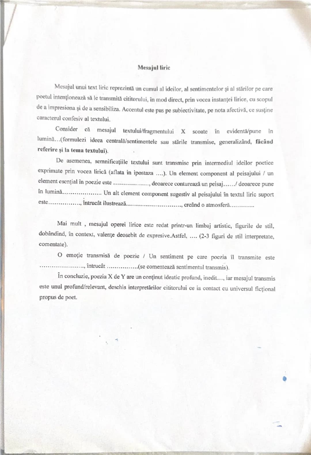 --- OCR Start ---
Mesajul liric
Mesajul unui text liric reprezintă un cumul al ideilor, al sentimentelor şi al stărilor pe care
poetul inten